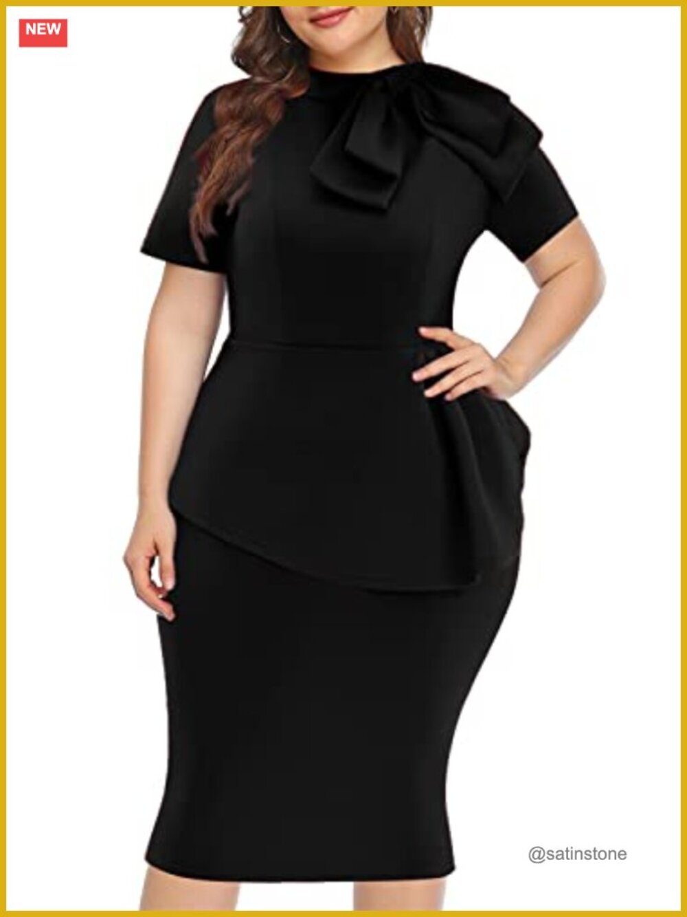 Plus Size Bodycon Peplum Cocktail Midi Dress Short Sleeve Bow Ruffle Back Zipper